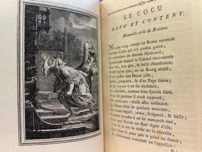 null 拉方丹（让-德）。诗集和新作。阿姆斯特丹[巴黎，David jeune]，1762年，2卷8册，XIV-268-[2]页，1-8页（给装订者的通知）和VIII-306-[3-1空白]页。第9-16页（续写给装订商的通知），Ficquet根据Rigaud和Vispré的作品刻制的2幅肖像，Allamet、Baquoy、Choffard、Delafosse等根据Eisen的图画刻制的80幅文字外的图。4幅插图和53个Choffard创作的culs-de-lampe，全红摩洛哥，三层镀金框，书脊有棱纹和装饰，内卷，梳状纸衬里和封底，鎏金边缘（由Auguste...