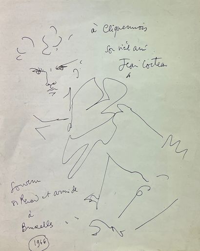 COCTEAU (Jean). "肖像"（1946）。纸上水墨画，专用，日期和签名。这幅画是在让-科克托的戏剧 "Renaud et Armide "在布鲁塞尔皇家画廊剧院的唯一一次演出时绘制的，演出者包括路易丝-孔特、雅克-达克明、安德烈-克莱门特和让-马莱斯。尺寸：25,5...