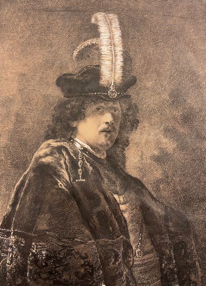 ANONYME. "Autoportrait de Rembrandt". Dessin à la plume, rehaussé à la gouache, monté...