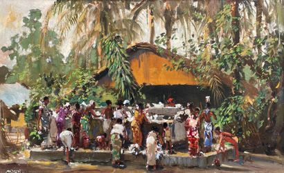 null 马奎斯（Guilherme）。"繁忙市场的景色"（约1940-50）。布面油画，装在面板上。框架尺寸：54 x 81厘米；主题：43.5 x 70厘米...