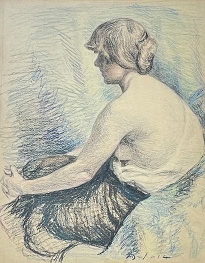 DELEN (Ary). "坐着的女人"（1914年）。纸上粉彩，右下角有日期和字样，装在帕斯帕特和鎏金木框中。画框尺寸：62 x 49厘米；主题：36.5 x...