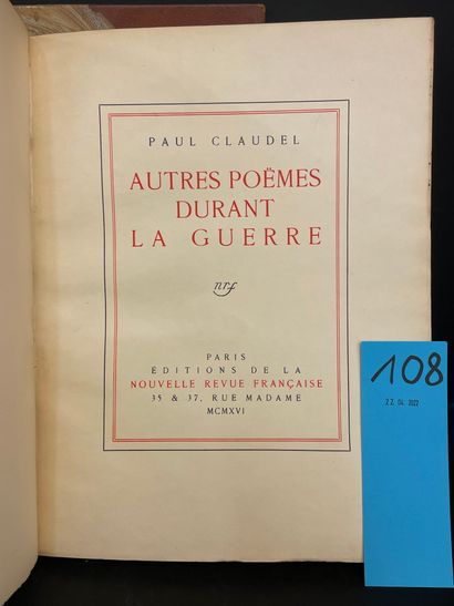 null 
CLAUDEL (Paul). Trois poèmes de guerre. P., NRF, 1915, grand 4°, 26 p., demi-chagrin...