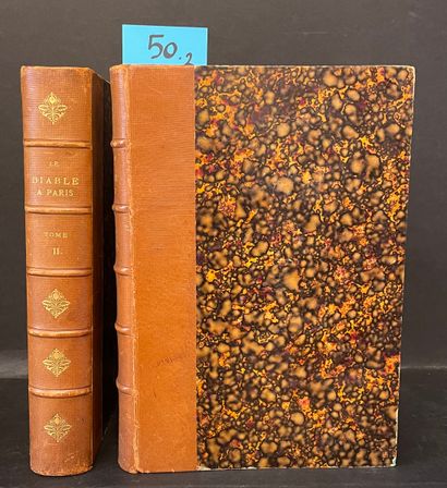 GAVARNI. 巴黎的魔鬼》。巴黎和巴黎人。前面是泰奥菲勒-拉瓦雷的《巴黎史》。加瓦尼的插图。P., Hetzel, 1845-1846, 2卷，大8°，半俄式黄褐色皮革，书脊上有5个神经，标题，汤姆逊和镀金飞鸟，梳状底纸（装订稍有摩擦，罕见的赤色斑纹）。文本：G....