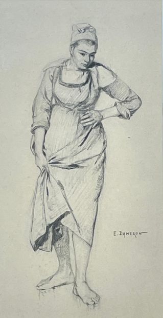 null DAMERON (Emile Charles)."一个年轻女人的肖像"。铅笔画，右下角有签名，装在白色垫子和木框中。框架尺寸：54 x 34.5厘米；主题：38...