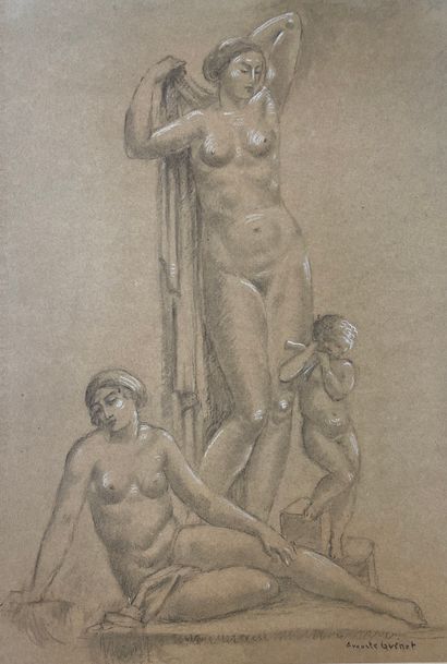 null GUENOT (Auguste). "Nudes and cherub". Charcoal drawing on paper, enhanced with...