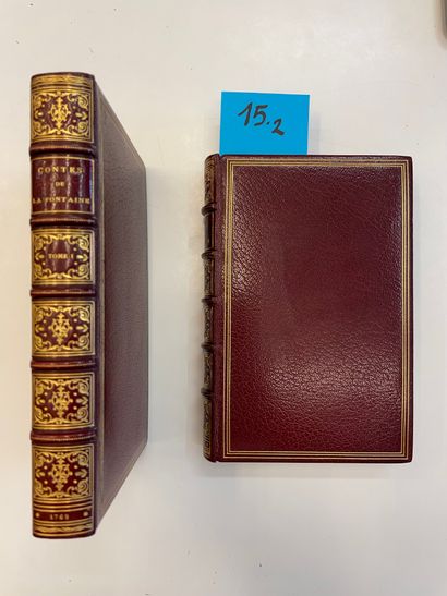 拉方丹（让-德）。诗集和新作。阿姆斯特丹[巴黎，David jeune]，1762年，2卷8册，XIV-268-[2]页，1-8页（给装订者的通知）和VIII-306-[3-1空白]页。第9-16页（续写给装订商的通知），Ficquet根据Rigaud和Vispré的作品刻制的2幅肖像，Allamet、Baquoy、Choffard、Delafosse等根据Eisen的图画刻制的80幅文字外的图。4幅插图和53个Choffard创作的culs-de-lampe，全红摩洛哥，三层镀金框，书脊有棱纹和装饰，内卷，梳状纸衬里和封底，鎏金边缘（由Auguste...