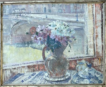 JEFFERYS (Marcel). "Vue sur l'Arno". Huile sur toile marouflée sur panneau, monogrammée...