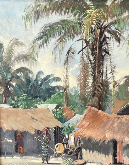 null MARQUES (Guilherme). "Village africain animé" (ca 1940-50). Huile sur toile...