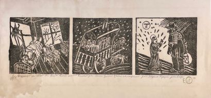 TYTGAT (Edgard). "Tryptique de Noël"（1935）。精美的纸张上的木刻，带有艺术家的印章和蓝色生物的文字。支持物的尺寸：20 x...