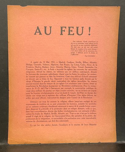 Tract.- "Au feu！"。巴黎，1931年5月。1张4寸纸，粉色纸上印有黑色，正反两面（边缘有小字）。由安德烈-蒂里昂和路易-阿拉贡撰写的暴力反教会小...