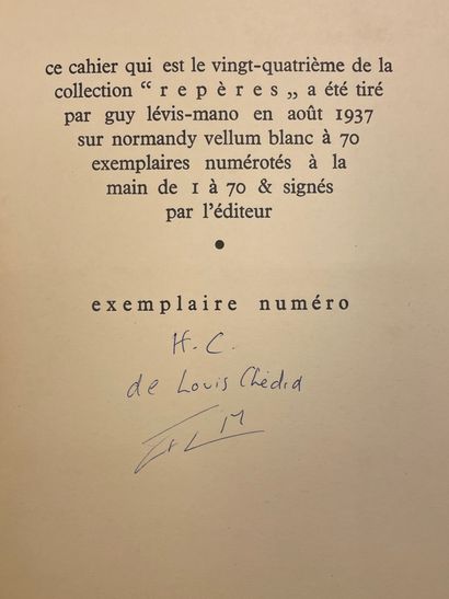 GUIETTE (Robert). 幽灵之死。附有费尔南-莱热的绘画作品。P.，GLM，"Repères "24，1937年，小4°，片状，黄色封面填充。 第一版。诺曼底着色牛皮纸上的1/70编号本，唯一的大纸，由出版商签名。标有H.C.注释的副本："de...