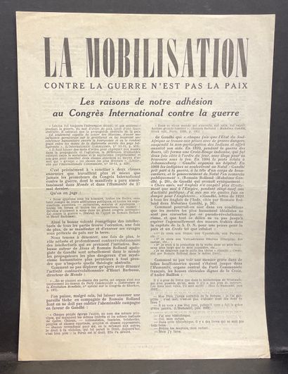 Tract.- "动员起来反对战争，不是和平。我们加入国际反战大会的原因"。S.l.n.d.[1933年6月，巴黎]。1张31 x 22.5厘米，在白纸上用红色...