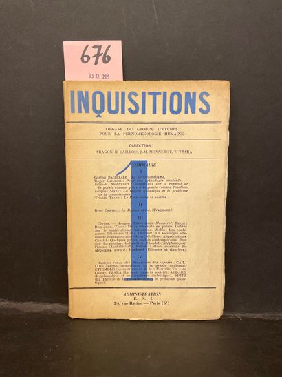 "Inquisitions". 人类现象学研究小组的机关。第1号（仅出版）。巴黎，1936年6月，8°，BR。第一版。豪华版。1/15份，印在奥朗德铺装纸上，由...