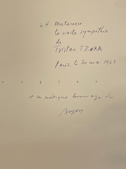 null BRYEN - TZARA（特里斯坦）。Vigies.卡米尔-布赖恩的蚀刻作品。S.l., Alexandre Loewy, (1962), 大4页，叶子，填充封面，灰色布文件夹和滑套（文件夹的书脊已变色，第1张白页稍有变色）。第一版配有卡米尔-布赖恩的5幅原始彩色蚀刻画，由乔治-维萨在巴黎印刷（卢梭，布赖恩在背面，JL...