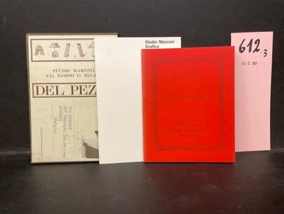 DEL PEZZO (Lucio). 明信片。米兰，马可尼工作室，1968年，19张明信片（10张由德尔-佩佐创作，其他由吉多-比亚西、吉多-巴洛、莫里斯-亨利、卢尔德-卡斯特罗、马廖内、塞尔吉奥-弗戈拉、让-雅克-莱维克创作），装在出版商的滑套里。第一版。附上同一出版商的订阅卡，日期为1972年，允许购买艺术家的绢画...