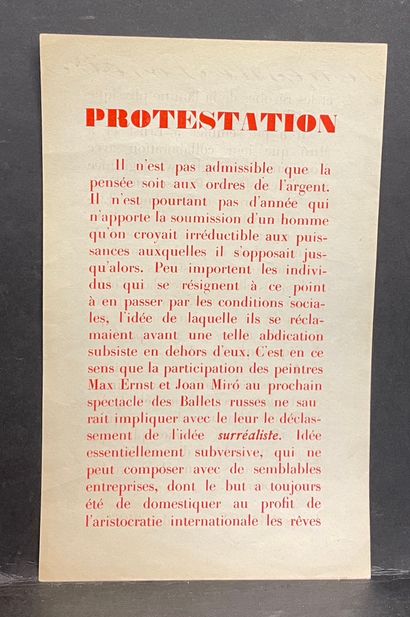 Tract.- "抗议"。路易斯-阿拉贡和安德烈-布勒东共同签名的小册子，正面和背面都用红色印刷。S.l.，未经编辑，1926年。1张22.5 x 14厘米的传...