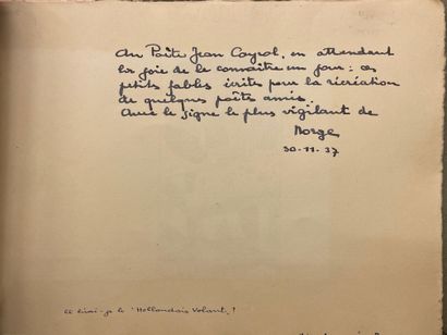 NORGE (Géo). 冒牌货。S.l.n.d.[布鲁塞尔，L'Auteur，1937年]，长方形12开本，22页，黄铜，蓝色封面，封面上有彩色印刷的小图案。手绘字母，2幅手绘构图。第一版由作者和丹尼斯-佩里尔-伯奇复制。独特的版本，102份，1/80奥朗德，附有给波尔多诗人、小说家、出版商和法国抵抗运动战士Jean...
