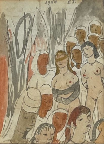 TYTGAT (Edgard). "Nudes and procession" (1954). Watercolor on paper, dated, signed,...