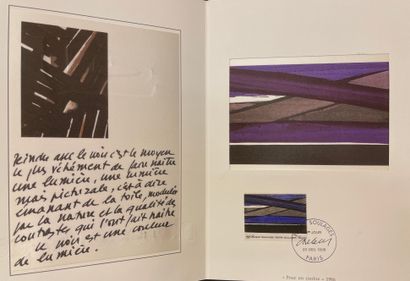 SOULAGES (Pierre). "为了一个邮票"（1986年）。邮票。1986年12月20日发行的首日。粘贴在1张4页的邮票上，包括2张丝绸上的插图和1张...