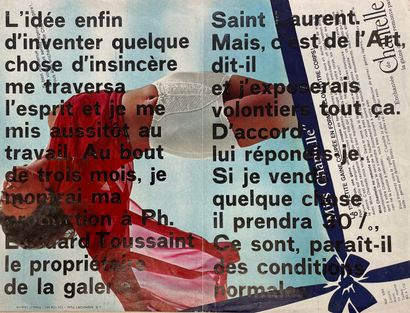BROODTHAERS (Marcel). Marcel Broodthaers第一次展览的邀请函，展览于4月10日星期五至25日在布鲁塞尔的Saint-Laurent画廊举行。科内尔-汉诺塞特的版面设计，在一张以前印制的时尚杂志的光面纸的两面打印。格式：25.2...