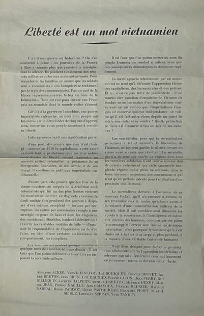 Tract.- "Liberté est un mot vietnamien". Paris, [1947], 1 tract in-folio de 42 x...