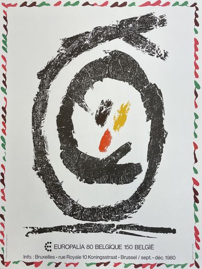 ALECHINSKY (Pierre). 海报（1982）。绘制在醋酸纤维板上的绝缘画，附有皮埃尔-阿勒钦斯基的手稿传真，用胶印机印刷。为《Derrière le...