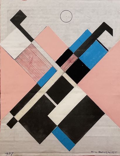 BAUGNIET (Marcel-Louis). 无题》（1987年）。纸上拼贴画，右下角有日期和签名，装在白色垫子和木框中。画框尺寸：57 x 44厘米；主题：26.5...