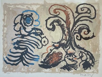 ALECHINSKY (Pierre). "La Fleur de l'âge"（1967）。彩色石版画印在Arches牛皮纸上，仅有110/300，铅笔签名，装在垫子下，天然木框。P.,...