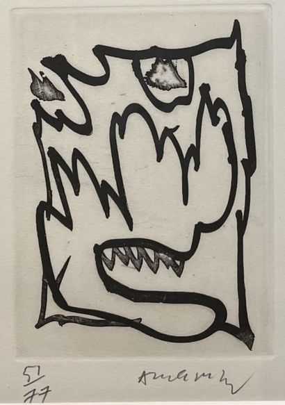 ALECHINSKY (Pierre). 无题。原本的黑色蚀刻画，只是。51/77，用铅笔签名，装在白色的垫子里，用木头装框。框架尺寸：40,5 x 27厘米；主题：14,5...