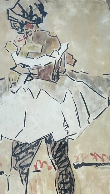 ALBERT (Jos). "舞者"（1916年）。纸上水彩、墨水和水粉画，有日期，右下角有签名，装在木框里，有垫子。画框尺寸：71.5 x 37.5厘米；主题：55.5...
