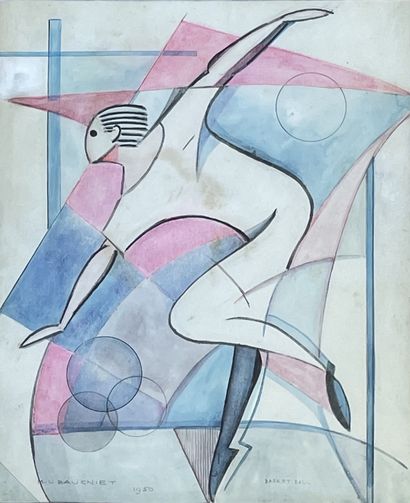 BAUGNIET (Marcel-Louis). 
"篮球"（1950）。纸上水彩画，左下角有日期和签名，装在垫子和木框下。框架尺寸：53.5 x 46.5厘米；主题：40...