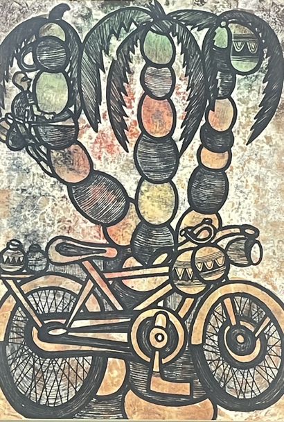 ANONYME. "Motorcycle and coconut tree". Nigerian school. Mixed technique on paper,...