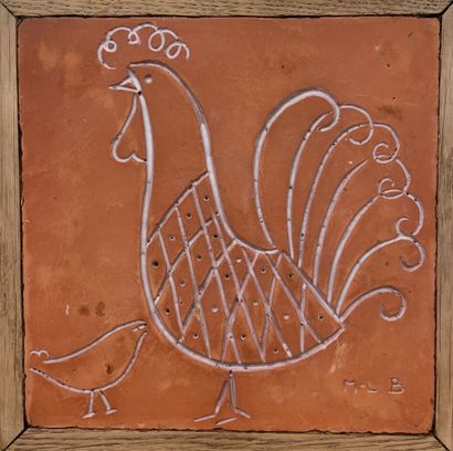 BAUGNIET (Marcel-Louis). "公鸡"。陶器，右下角有图案，装在一个天然木框中。尺寸：16 x 16 x 1.5厘米。