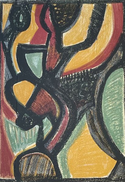 ATLAN (Jean-Michel). "Astarte"（1958年）。彩色石板画原作，印在毛边纸上，编号为102/150，用铅笔签名，装在白色木框中。框架尺寸：80,5...