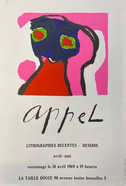 APPEL (Karel). 
海报（1969）。为他在布鲁塞尔La Taille douce的个人展览出版的彩色石版画。尺寸：56 x 38厘米，背面有税票。...