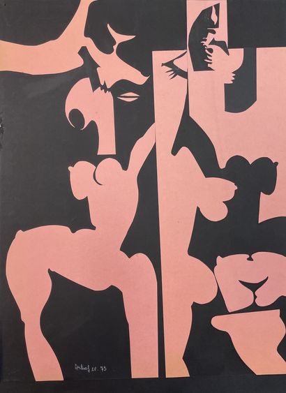 ARTIAS (Philippe). "粉红色的裸体"。黑纸上的剪纸，日期为1973年，用白色粉笔签名。支持物和主题的尺寸：65 x 50厘米（左边缘有少量纸张...