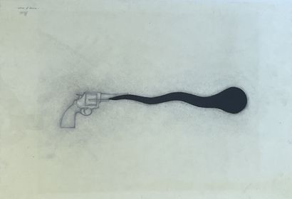 null AYMAR（里卡德）。"武器与泪水"（2008）。纸上水墨和木炭，左上角有标题、日期和签名，装在白色木框中。框架尺寸：52.5 x 72.5厘米；主题：45...