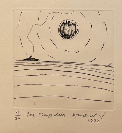 ALECHINSKY (Pierre). "在一个晴朗的日子里"（1992）。原有的黑色蚀刻画，有标题，只是41/50，并有铅笔签名，装在一个木框里。框架尺寸：45,5...
