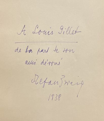 ZWEIG (Stefan). 麦哲伦。法文版：阿尔兹尔-海拉。P., Grasset, 1938, 8°, 288 p., 1张精细的折叠地图, br. (书脊变色，第二版褪色)。法国第一版。新闻办公室的复印件上有一封信："致路易-吉列/来自他的/忠实的朋友/斯特凡-茨威格/1938"，内容丰富。随信附上一封未发表的斯特凡-茨威格写给同一个路易-吉列的亲笔信。1940年9月26日，在巴黎卢瓦酒店的信卡上，用蓝色墨水写了14行字："我亲爱的朋友，这就是我在巴黎的生活，我只能在此刻看到你如此友好地献给我的文章，从我们在塞恩斯酒店的午餐回来。我很绝望，因为/我的朋友中没有一个人/昨天已经向我指出了你们友谊的这个/如此珍贵的表现，这/让我非常自豪。我该如何感谢你呢？不是用言语，而是/用忠实的友谊，我希望/你永远能够给予/证明。您最忠实的/斯蒂芬-茨威格"。路易斯-吉列（巴黎，1876-1943）是一位艺术和文学的历史学家和评论家，博物馆馆长，"Revue...