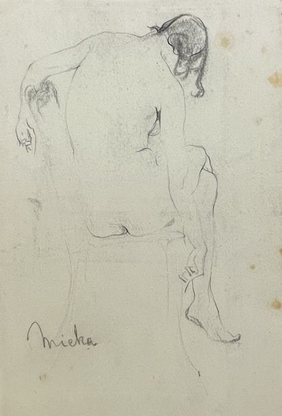 MICHA (Maurice). "坐着的裸体"（约1930年）。纸上炭笔，左下角有签名，装在passe-partout下面。通行证的尺寸：35 x 25厘米；主题：24.5...
