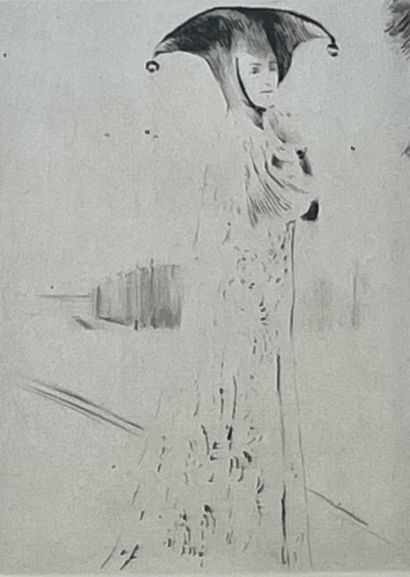 KHNOPFF (Fernand). "Des Grelots"（1905）。干点法印在铺板纸上，装在帕斯帕特和镀金的木框下。1905年为比利时水手协会的画册所做的雕刻。框架尺寸：49...