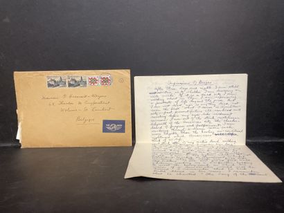 MILLER (Henry). 布鲁日的印象。亲笔签名的手稿，日期为1953年5月3日，5页，蓝色墨水。在一个贴了邮票的信封里，收件人是布鲁塞尔Taptoe画廊的负责人Gentil...