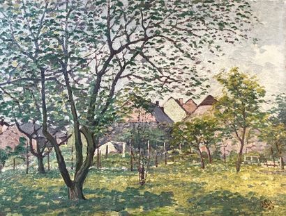 SCHLOBACH (attribué à Willy). "有树的风景"（1903）。油画，右下角有日期和字样。支持物和主题的尺寸：38 x 51厘米（边缘有磨损的痕迹）。维利-施洛巴赫（1864-1951）在布鲁塞尔学院接受培训（1878-1880）。1883年，当他还不到20岁的时候，他就与人共同创立了...