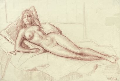 SMETS (Charles Ernest). "躺着的裸体"。纸上红色粉笔画，右下角有签名，装在一个黑色塑料框里。框架尺寸：43 x 53厘米；主题：32,5...