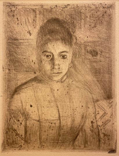 LEMMEN (Georges). "一个女人的肖像"（1887）。黑色蚀刻版画，版上有日期和签名，装在垫子下面。尺寸passe-partout: 36 x 32...
