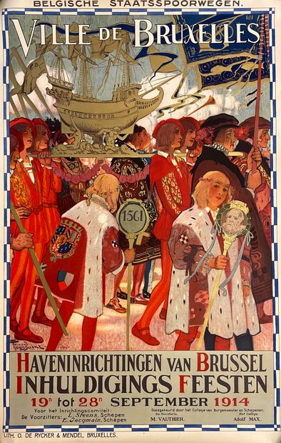 TOUSSAINT (Fernand). 海报（1914年）。为1914年9月19日至28日布鲁塞尔港口设施的落成典礼而制作的彩色平版画。由于战争的爆发，该活动被取消了。由De...