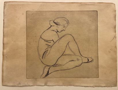 MAILLOL (Aristide). "女子侧身坐于右侧，膝盖弯曲"（1926）。纬纱纸上的黑色蚀刻画。底座尺寸：29.2 x 37.7厘米；主题：22.5 x...