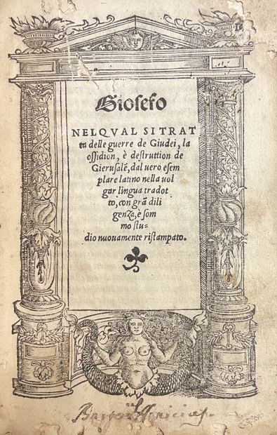 null flavius joseph.Giosefo nel qual si tratto delle guerre de Giudei（...）。威尼斯，皮耶罗-拉瓦诺，1535年，12开本，314页，以斜体字印刷，标题在建筑框架内，最后一页的背面有打字标记，全黑小牛皮，前板顶部有鎏金标题。"GIOSEFO"，木板中央有鎏金图案，前面有一个蒙着眼睛的小天使在射箭（爱），一个拿着帆的人物，站在海豚上，鎏金丝框，角落里有小的鎏金图案（第一和最后一片叶子被虫子攻击，特别是最后一片叶子（小的缺失）。书面修复，书末页更新。罕见的...