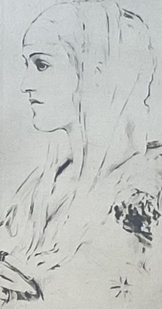 KHNOPFF (Fernand). "面纱"（1902）。干点法印在铺板纸上，装在帕斯帕特和镀金的木框下。1902年为比利时水手协会的画册所做的雕刻。框架尺寸：49...