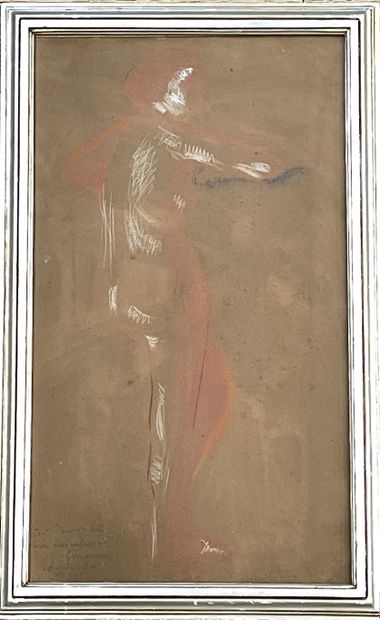 MORREN (George). "裸体"（1918）。纸上粉笔画，左下角有专用的日期和签名，装在银色的木框里。画框尺寸：56 x 34.5厘米；主题：49.5...